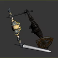 Golden Armored Female Character And Black Armored Creature With Weapon Shield In Confrontation Pose