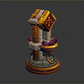 Decorative Fantasy Style Stool With Orange Yellow Stone Base And Cross Symbol And Scroll Details
