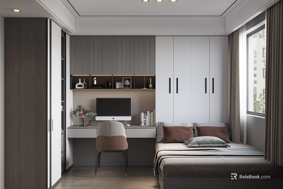Modern Tatami Bedroom Interior Design With Writing Desk Computer Shelf And Window 3d model 