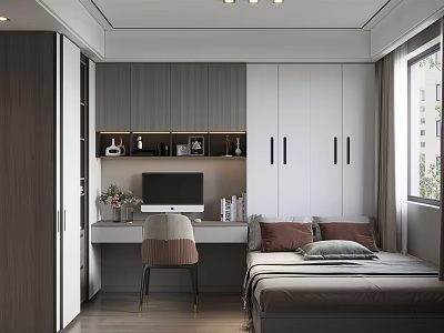 Modern Tatami Bedroom Interior Design With Writing Desk Computer Shelf And Window 3d model