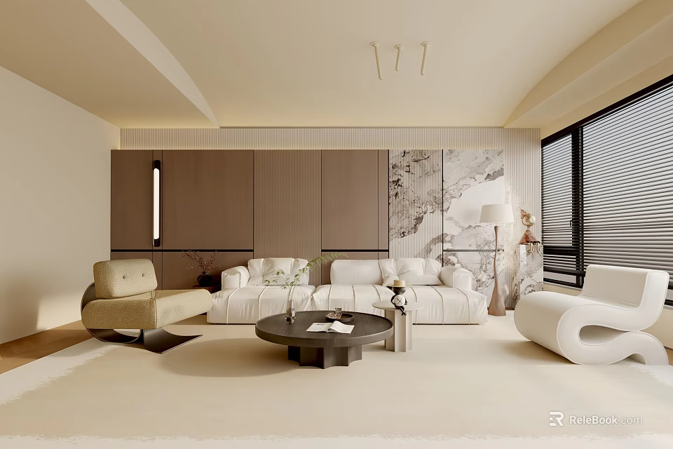 Modern Living Room Interior With White Sofa Round Coffee Table And Wooden Accent Wall 3d model 