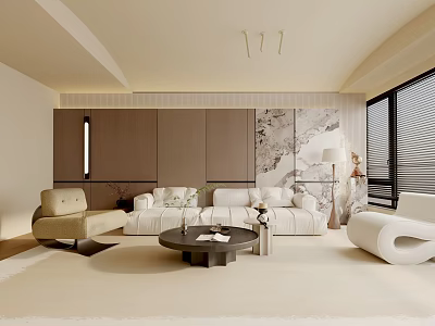 Modern Living Room Interior With White Sofa Round Coffee Table And Wooden Accent Wall 3d model