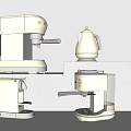 Modern Kitchen Appliances With Coffee Maker Kettle And Metallic Small Devices On Countertop