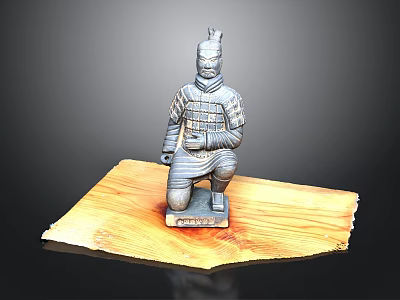 Detailed Ancient Terracotta Warrior Sculpture in Kneeling Pose on Wooden Base 3d model