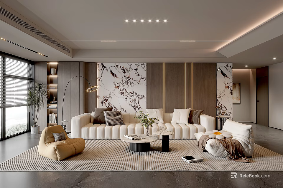 Modern Living Room Interior Design With White Sofa Beige Armchair And Decorative Painting 3d model 