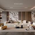 Modern Living Room Interior Design With White Sofa Beige Armchair And Decorative Painting