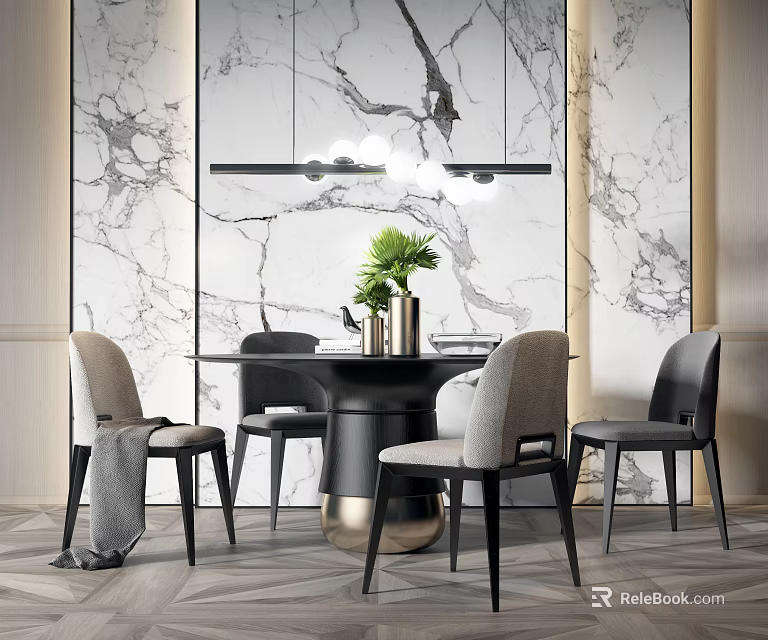 Elegant Modern Dining Table Set With Round Top Light Gray Chairs And Marble Wall 3d model