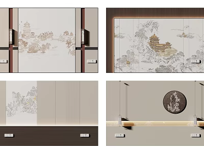 Chinese Style Background Wall With Traditional Landscape Painting And Decorative Elements 3d model