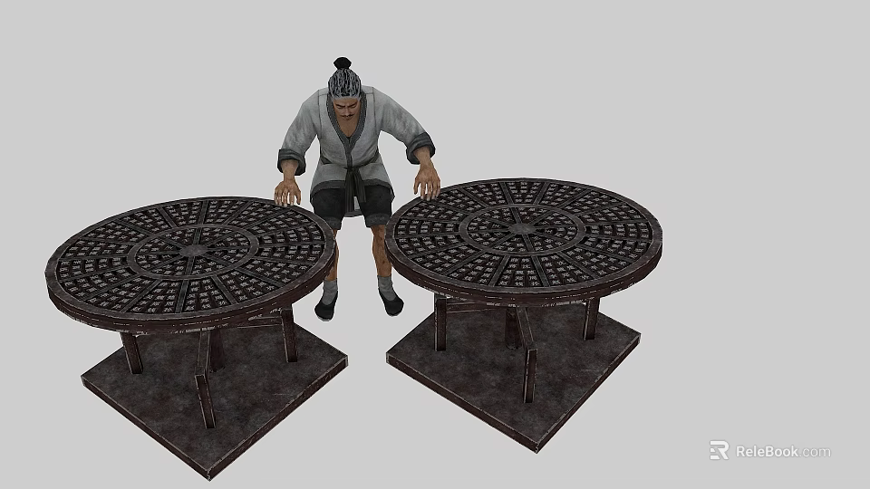 Game Movie Character In Traditional Ancient Outfit Pushing Two Round Carved Tables With Intricate Patterns 3d model 