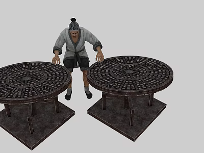 Game Movie Character In Traditional Ancient Outfit Pushing Two Round Carved Tables With Intricate Patterns 3d model