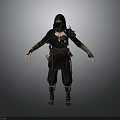 Woman In Black Hooded Warrior Outfit With Arm Straps And Waist Belt Details