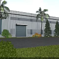 Modern Industrial Factory Building With Palm Trees Green Lawn And Open Parking Area