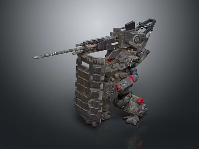 Game Movie Character Mechanical Warrior With Armored Body Machine Gun And Red Accents 3d model
