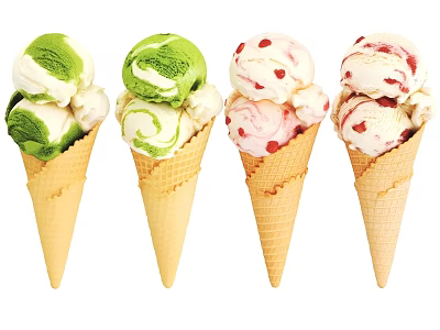 Delicious Matcha and Strawberry Ice Cream Cones in Crispy Waffle Cones with Red Berries 3d model
