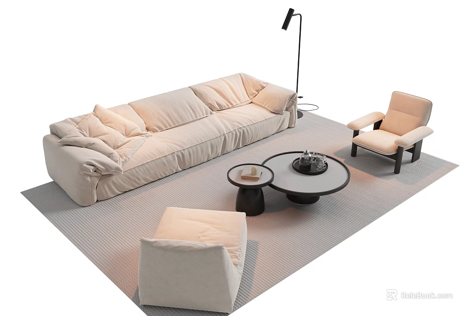 Modern Beige Sofa And Coffee Table Set With Armchair Floor Lamp And Area Rug 3d model 