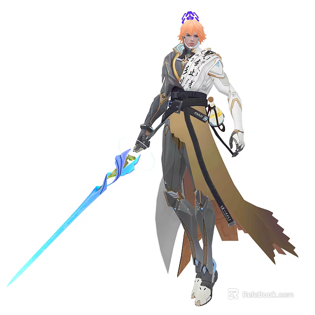 White And Gray Armored Game Character With Blue Glowing Sword And Gold Accents 3d model 
