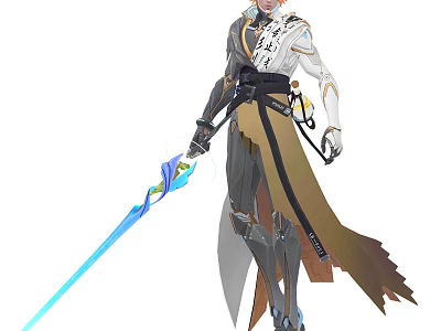 White And Gray Armored Game Character With Blue Glowing Sword And Gold Accents 3d model
