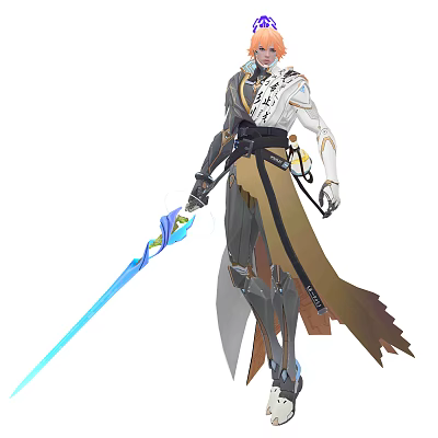 White And Gray Armored Game Character With Blue Glowing Sword And Gold Accents 3d model