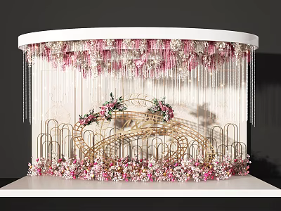 Elegant Wedding Decoration With Circular Beaded Curtain Golden Arch And Pink White Flowers 3d model