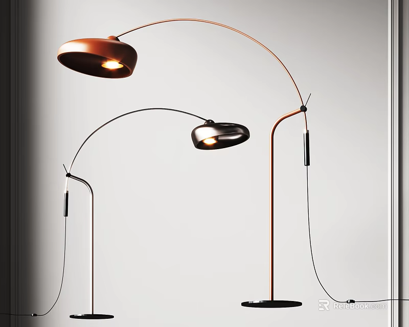 Modern Arched Floor Lamp With Copper Round Shade And Black Base 3d model