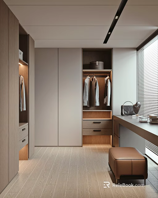 Modern Walk In Closet With Hanging Clothes Drawers Cabinets And Countertop 3d model 