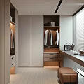 Modern Walk In Closet With Hanging Clothes Drawers Cabinets And Countertop