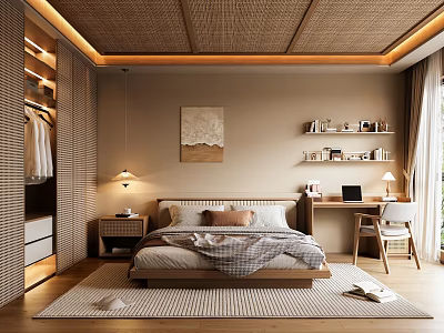 Cozy Bedroom Interior Design With Woven Ceiling Decorative Art Desk And Wooden Floor 3d model