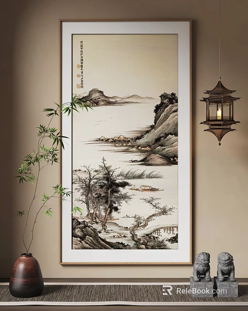 Traditional Chinese Ink Wash Landscape Painting With Mountains River Trees Bamboo And Hanging Lantern 3d model 