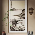 Traditional Chinese Ink Wash Landscape Painting With Mountains River Trees Bamboo And Hanging Lantern