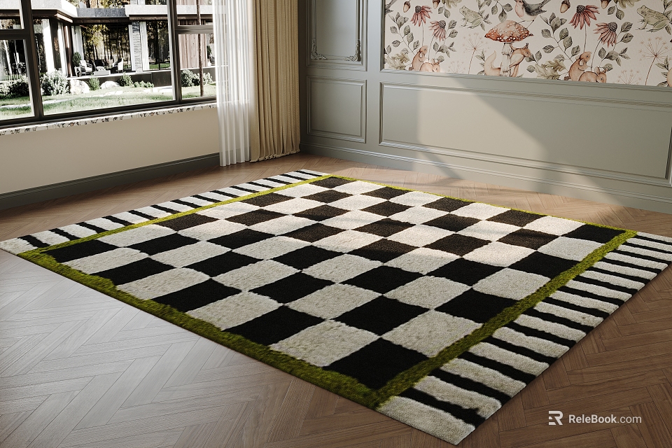 Square Rug With Black White Checkered Pattern And Green Trim 3d model 