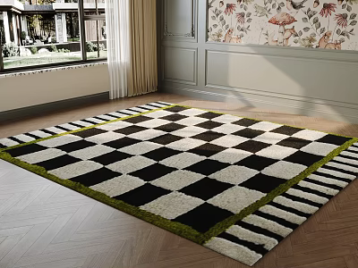 Square Rug With Black White Checkered Pattern And Green Trim 3d model