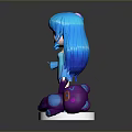 Child with Long Blue Hair in Blue Dress Holding Purple Doll Standing on White Base