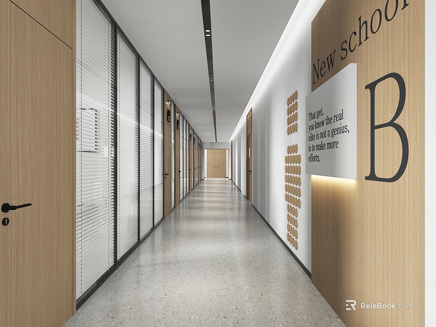 Modern Office Corridor With Wooden Doors Glass Partitions Wall Text Letter B And Lighting 3d model 