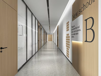 Modern Office Corridor With Wooden Doors Glass Partitions Wall Text Letter B And Lighting 3d model