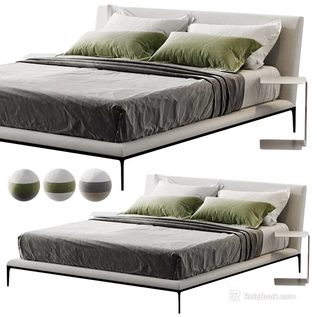Modern Double Bed Design With Green Pillows Gray Sheets And White Frame 3d model