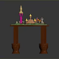 Wooden Table With Green Tabletop And Colorful Models Pink Tower Yellow Castle And Green Figure