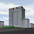 Modern Tall Office Building Featuring Glass Curtain Wall Greenery And Parking Area