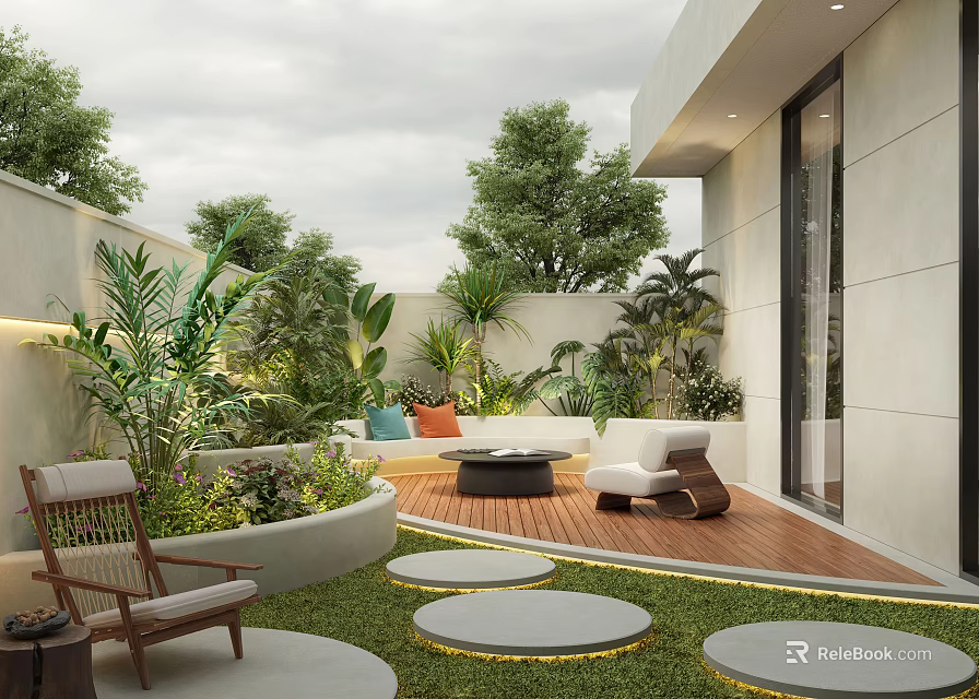 Cozy Courtyard Garden Design With Lush Greenery Outdoor Seating And Circular Stone Pavers 3d model 