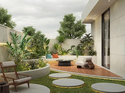 Cozy Courtyard Garden Design With Lush Greenery Outdoor Seating And Circular Stone Pavers 3d model