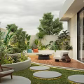 Cozy Courtyard Garden Design With Lush Greenery Outdoor Seating And Circular Stone Pavers