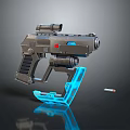 Sci Fi Gun Featuring Blue Glowing Accents Metallic Design Magazine And Bullet