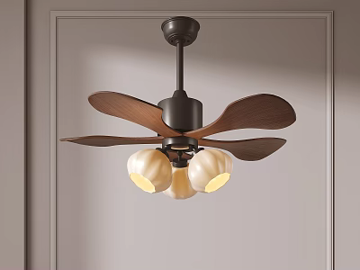 Modern Ceiling Fan Light with Wooden Blades and Pumpkin Shaped Warm Light Shades 3d model