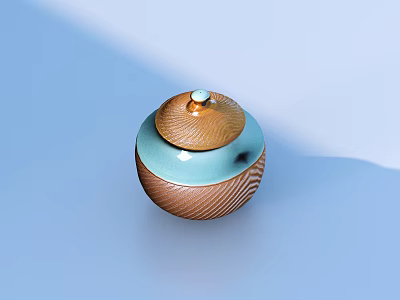 Stylish Round Storage Jar With Wooden Lid And Light Blue Ceramic Body 3d model