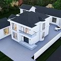 Two Story Detached Villa With White Exterior Black Roof Green Trees And Blue Car