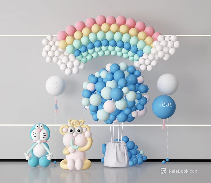 Colorful Balloon Decorations with Rainbow Arch Blue Bouquet White Balloons Cartoon Toys and Number 001 3d model 