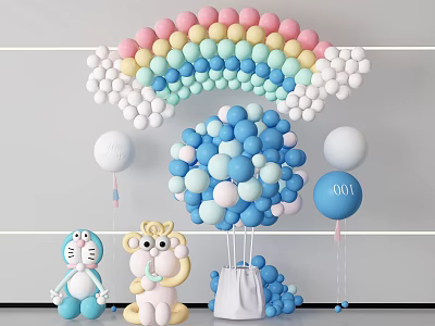 Colorful Balloon Decorations with Rainbow Arch Blue Bouquet White Balloons Cartoon Toys and Number 001 3d model
