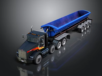 Black Heavy Duty Dump Truck with Blue Trailer Multiple Wheels and Reflective Finish on Dark 3d model