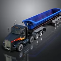 Black Heavy Duty Dump Truck with Blue Trailer Multiple Wheels and Reflective Finish on Dark