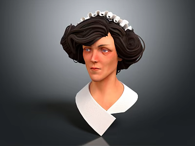 3D Female Head Model With Curly Dark Brown Hair and White Headpiece Featuring Circular Decorations 3d model