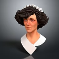 3D Female Head Model With Curly Dark Brown Hair and White Headpiece Featuring Circular Decorations